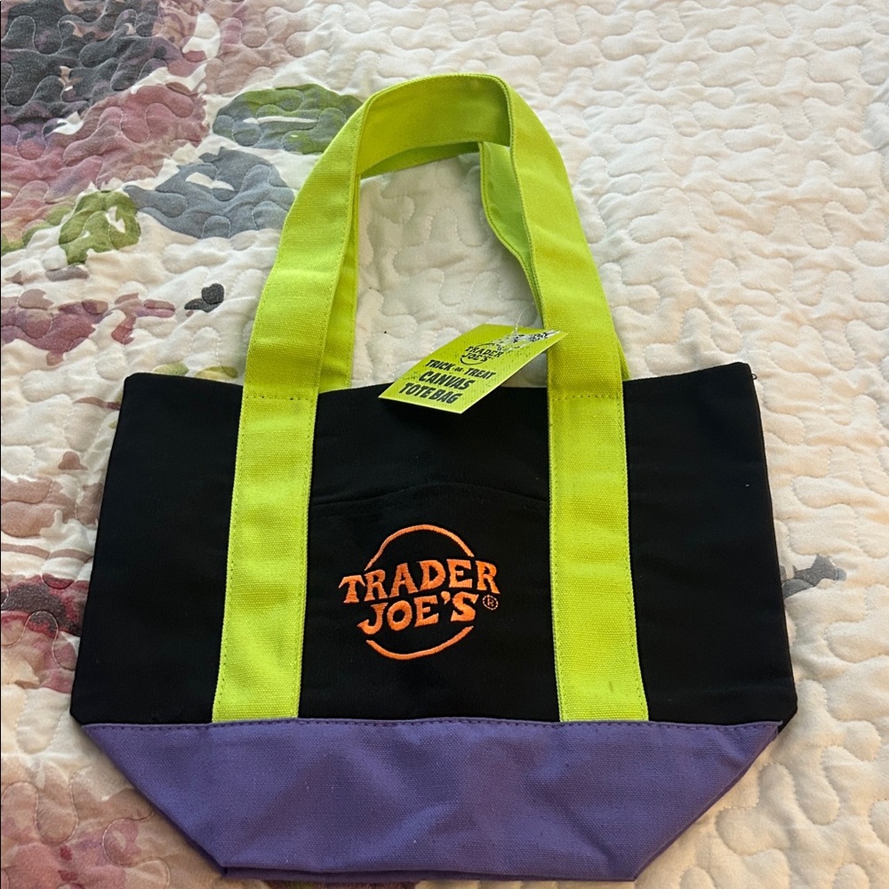 Trader Joe's Black and Purple Tote with Green Handles